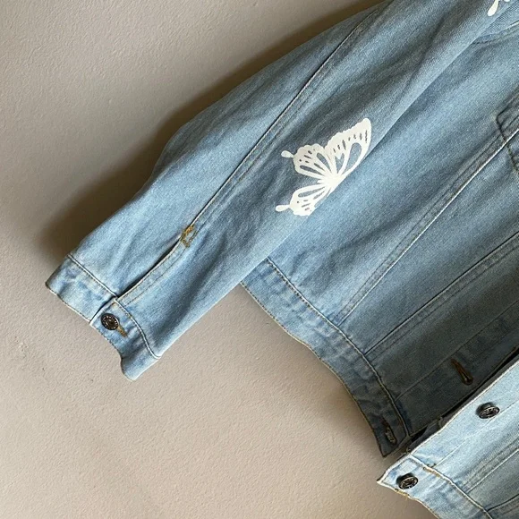 Women's Light Blue Denim Jacket with Butterfly Embroidery - Picture 5 of 11
